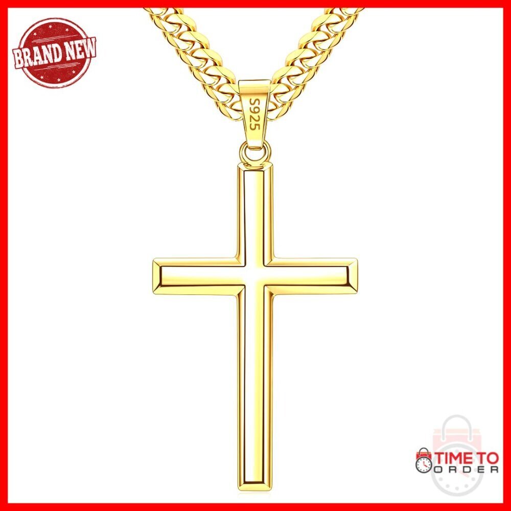 Sterling Silver Cross Necklace with Gold Plated Pendant and Cuban Chain